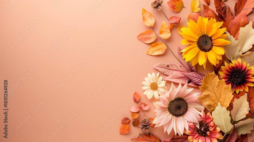 Obraz premium Elegant arrangement of dried flowers and leaves on pastel pink background