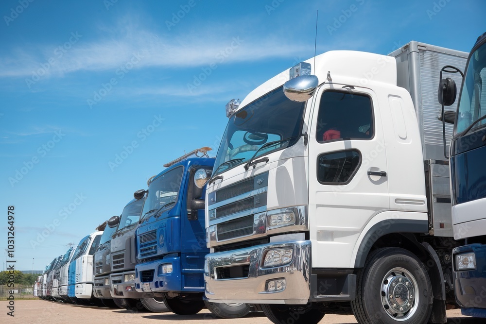 Line of multi-colored trucks parked under clear blue sky. Line of multi-colored trucks parked under clear blue sky.