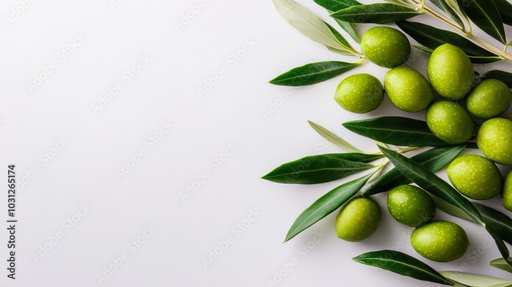 Fresh Green Olives with Leaves on White Background Fresh Green Olives with Leaves on White Background