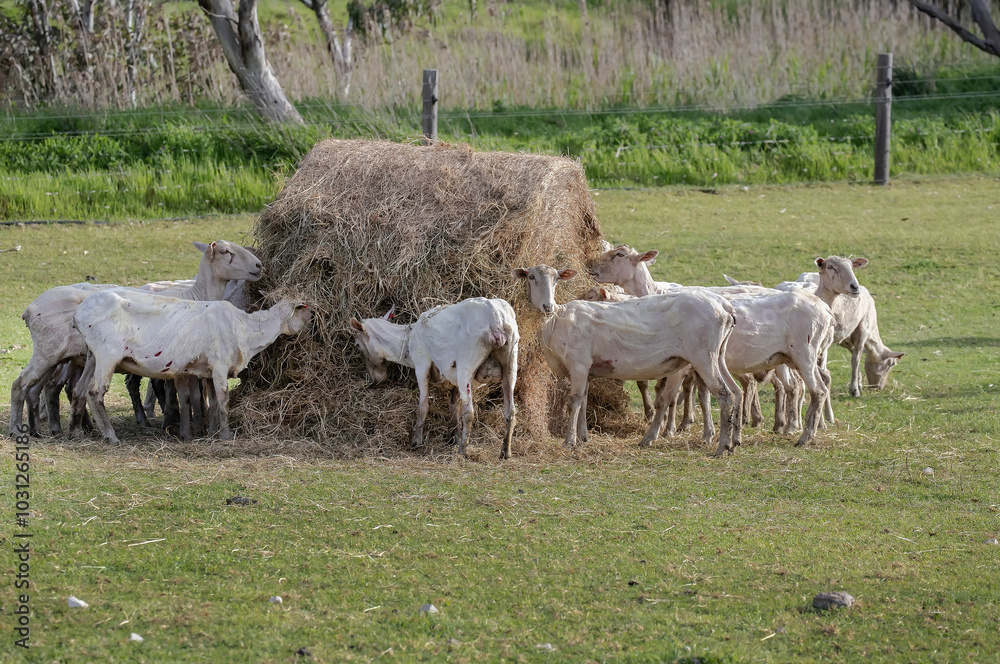 Sheared flock of sheep grazing and feeding in a rural pasture, highlighting farm life and the wool industry in Australia Sheared flock of sheep grazing and feeding in a rural pasture, highlighting farm life and the wool industry in Australia