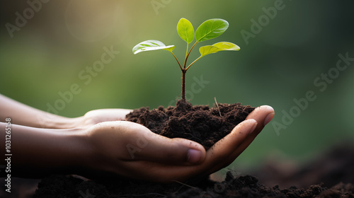 Hand Holding a Young Plant and Soil Symbolizing Growth