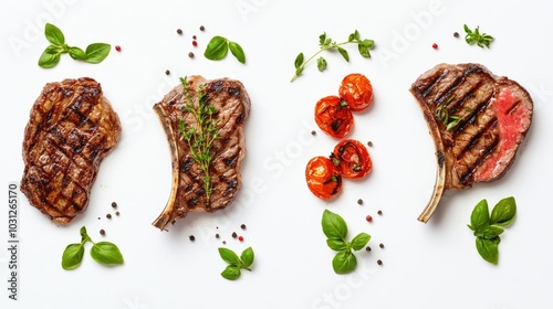 Grilled Steaks With Roasted Tomatoes and Fresh Herbs on a White Table Generative AI
