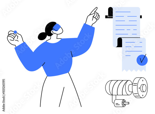 Woman interacting with virtual technology in blue attire, digital documents with a checkmark, and a technical gear component. Ideal for technology, innovation, virtual reality, documentation