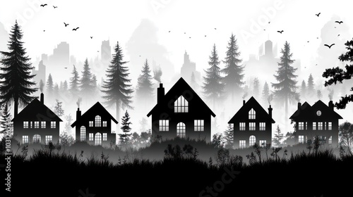 A silhouette of houses amidst a misty forest landscape. photo