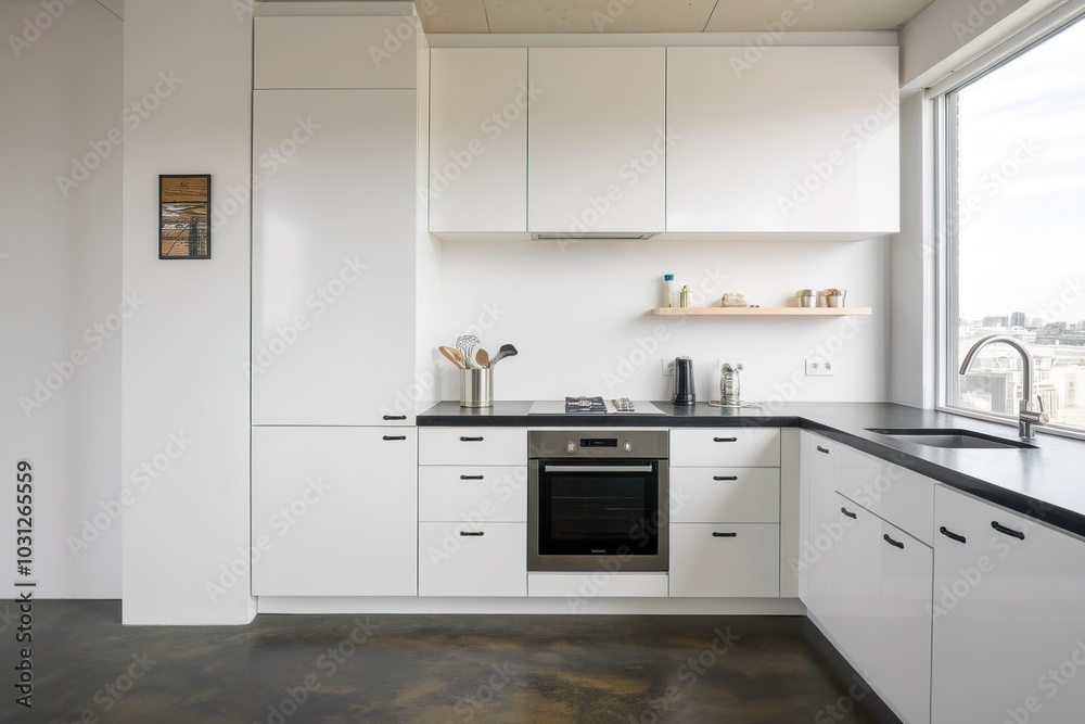 Modern kitchen with white cabinets and a sleek design, bright natural light. Modern kitchen with white cabinets and a sleek design, bright natural light.