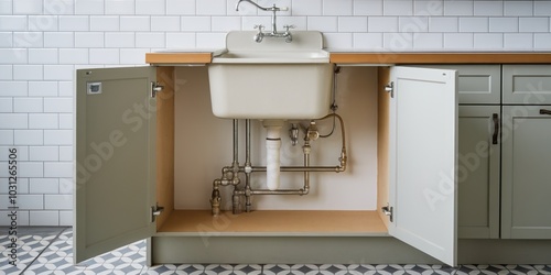 Undersink plumbing and cabinet in a modern kitchen with tiled floor. photo