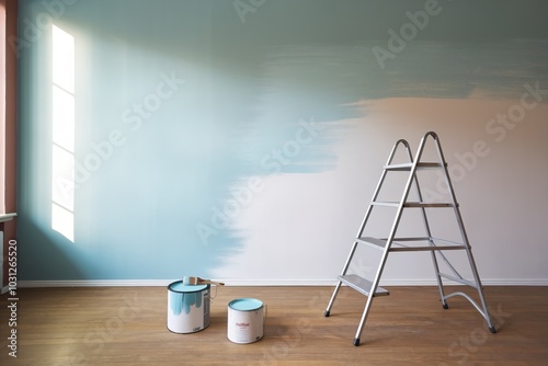 Ladder against partially painted wall in soft blue color with paint cans.