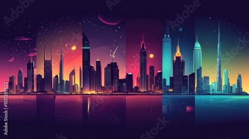 Iconic skyline vector illustrations, featuring the skylines of famous cities like Dubai, New York, and Hong Kong #1031265522