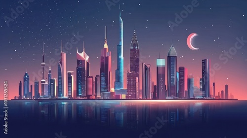 Iconic skyline vector illustrations, featuring the skylines of famous cities like Dubai, New York, and Hong Kong #1031265524