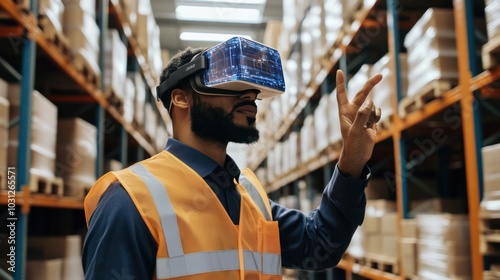 Immersive AR-based warehouse management system, worker using augmented reality for improved package picking