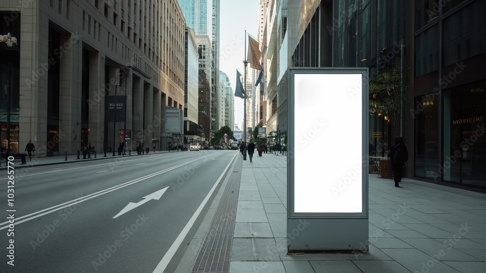 Blank advertising display outside modern buildings in a busy city street. Blank advertising display outside modern buildings in a busy city street.