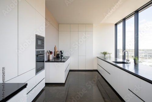 Modern kitchen with sleek white cabinets and black countertops, well-lit by large windows.