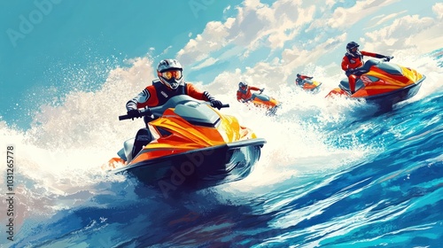 Jet ski racing vector illustration, featuring competitors racing on jet skis over choppy water, vibrant and fast-paced