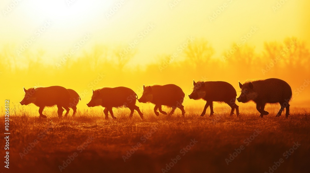 Fototapeta premium Wild Boars Walking at Sunrise in Golden Landscape