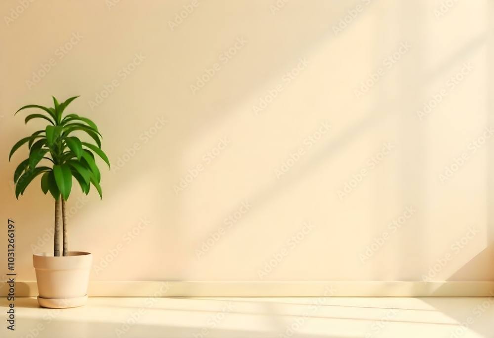 A white wall with a green plant in the corner, a white shelf, and a bright, natural light coming from the side A white wall with a green plant in the corner, a white shelf, and a bright, natural light coming from the side