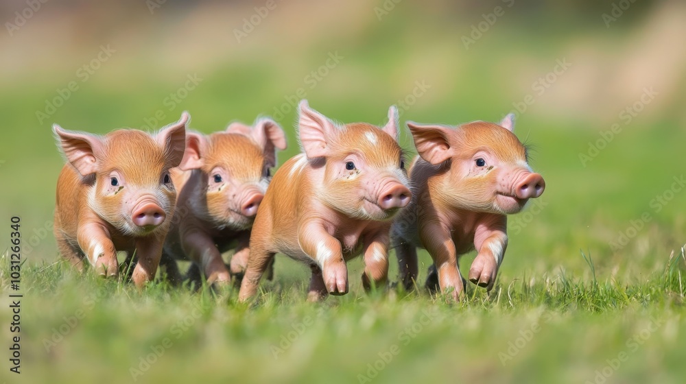 Fototapeta premium Playful Piglets Running on Green Grass