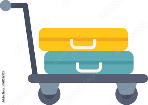 This vector illustration features a luggage trolley carrying two suitcases, symbolizing travel and baggage handling