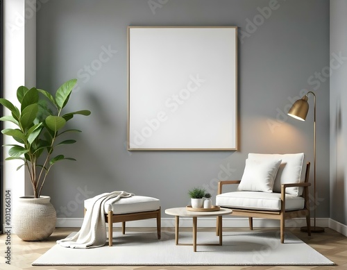 A modern living room with a blank frame wall art