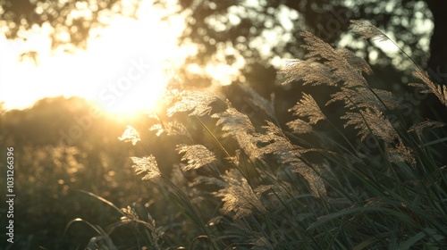 Tall grass blowing in the wind as the sun sets in the background.