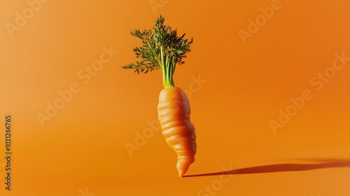 A photograph of a strangely deformed carrot with a unique, twisted shape against a bright orange background. The carrot has a vibrant green top, creating a stark contrast with its unusual, photo