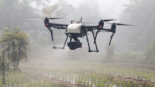 A black and white drone flies over a misty field.