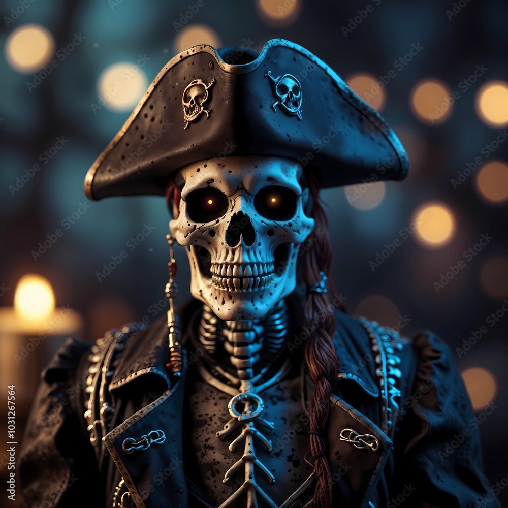 skeleton pirate portrait image over bokeh
