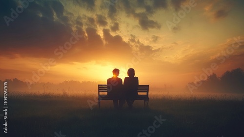 A couple sits on a bench, silhouetted against a stunning sunset. The warm light bathes the landscape in a golden glow, creating a sense of peace and tranquility.