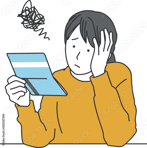 通帳を見て悩んでいる女性のシンプルイラスト