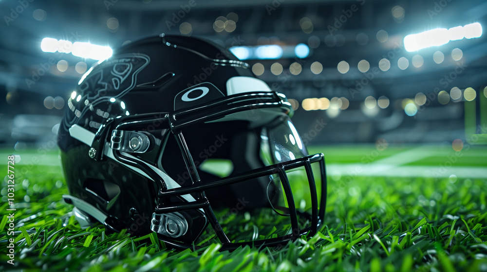 Black American football helmet resting on green grass in stadium under bright lights Black American football helmet resting on green grass in stadium under bright lights