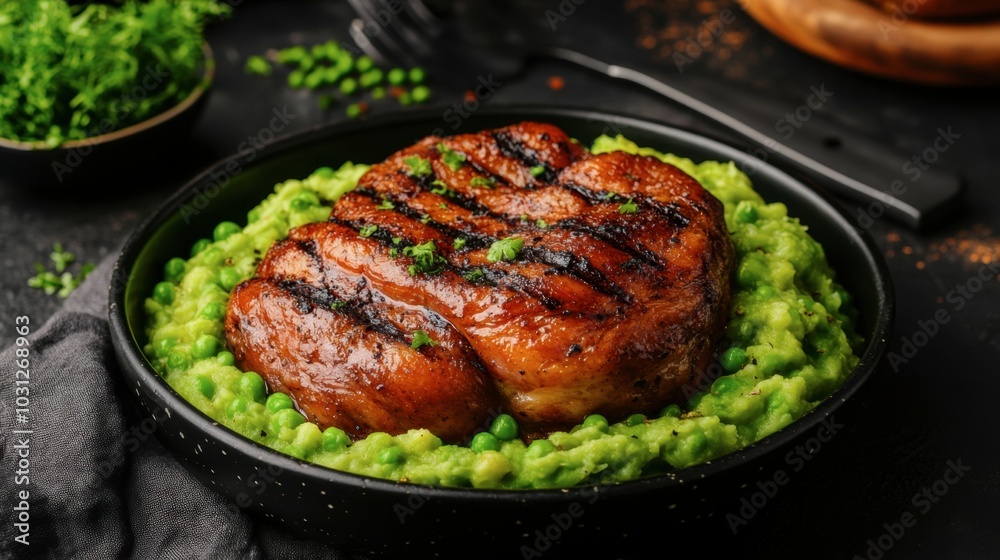 Grilled Meat Over Creamy Pea Mash Delight Grilled Meat Over Creamy Pea Mash Delight