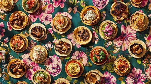 An assortment of delicious tacos on a floral tablecloth, featuring various fillings, ready to be enjoyed.