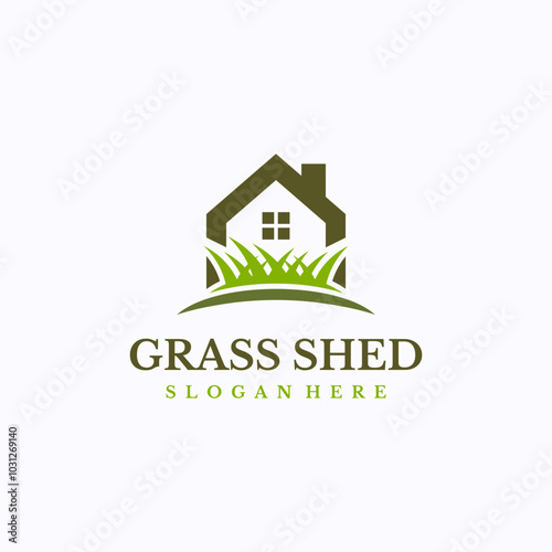 Green home logo design template. Grass storage shed concept. Creative vector symbol.