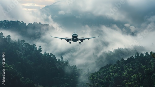 Airplane Landing in a Misty Forest Landscape