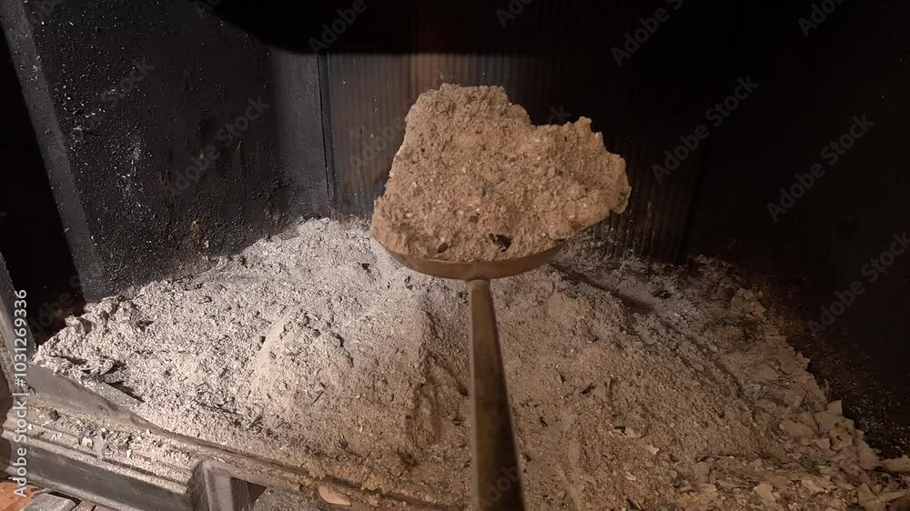 pov first-person view a shovel rakes ashes out of a fireplace. close-up pov first-person view a shovel rakes ashes out of a fireplace. close-up
