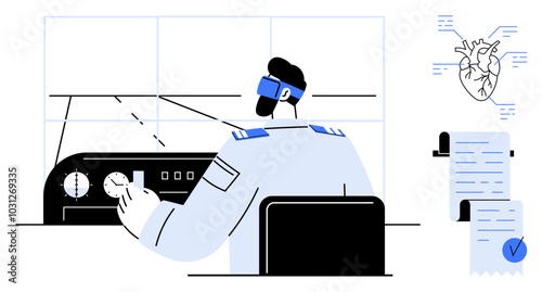 Pilot operating aircraft controls in cockpit, wearing headphones. Beside are a heart diagram and a checklist. Ideal for medical aviation training, pilot health monitoring, flight safety, pilot
