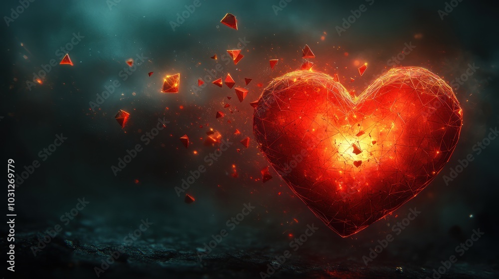 A glowing, fragmented heart symbolizing passion and emotion.