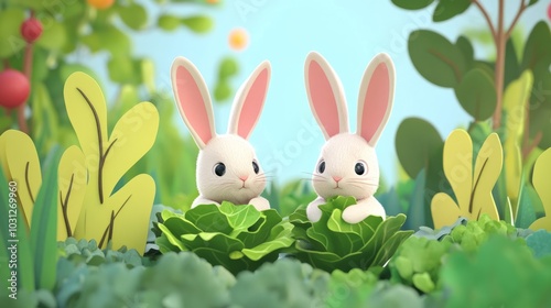 Cute Cartoon Bunnies Nibbling on Fresh Greens