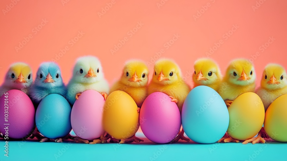 Colorful Chicks and Eggs on Vibrant Background Colorful Chicks and Eggs on Vibrant Background