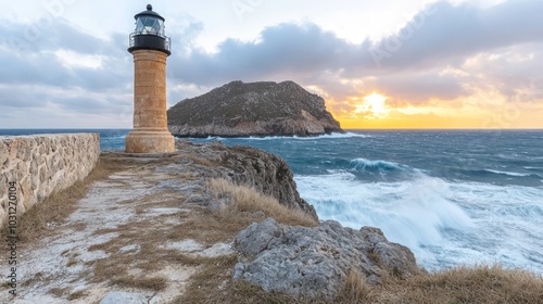 A lighthouse on a rocky coast with waves and a sunset backdrop. photo