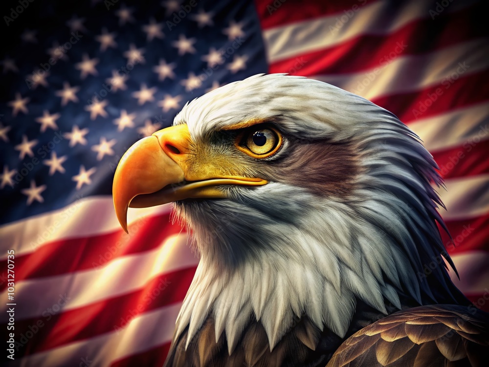 Naklejka premium Bald Eagle Side View Against USA Flag in Darkness - Generative AI Illustration