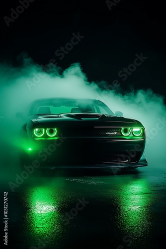 Green Lights of a Car in Foggy Night 