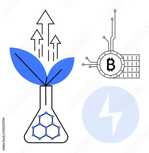 Design with a plant growing from a flask, a Bitcoin symbol, and a lightning bolt. Ideal for technology, science, innovation, cryptocurrency, and sustainability. Modern line art style. Bull run