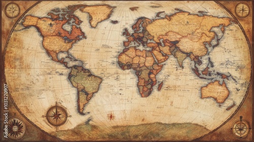 Vintage World Map with Nautical Elements and Details