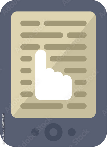 Electronic book reader showcasing digital text with a prominent hand cursor icon symbolizing navigation and interaction