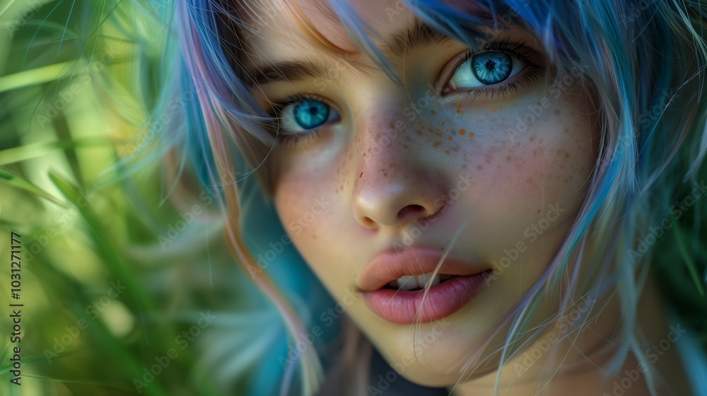 A beautiful girl with colorful hair and blue eyes, with gray skin in the background of nature, looking at the camera in a portrait photograph A beautiful girl with colorful hair and blue eyes, with gray skin in the background of nature, looking at the camera in a portrait photograph