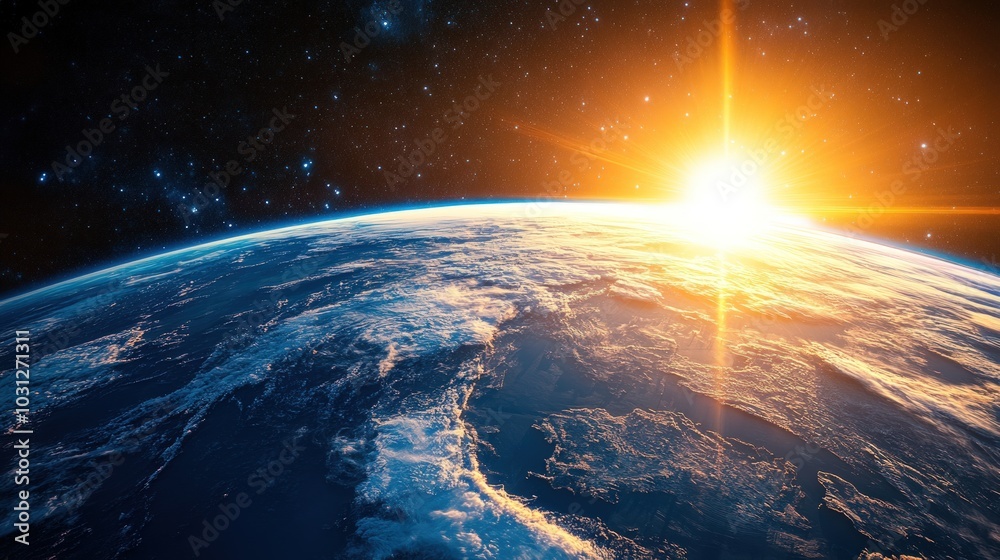 A breathtaking view of Earth from space, with the sun rising over the horizon.