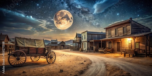 Old West town under a full moon with a wagon on a dirt road at night, wild west, American history, vintage, western, desert