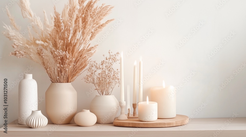 A serene arrangement of neutral vases, dried flowers, and candles, creating a calming and aesthetic home decor display. A serene arrangement of neutral vases, dried flowers, and candles, creating a calming and aesthetic home decor display.