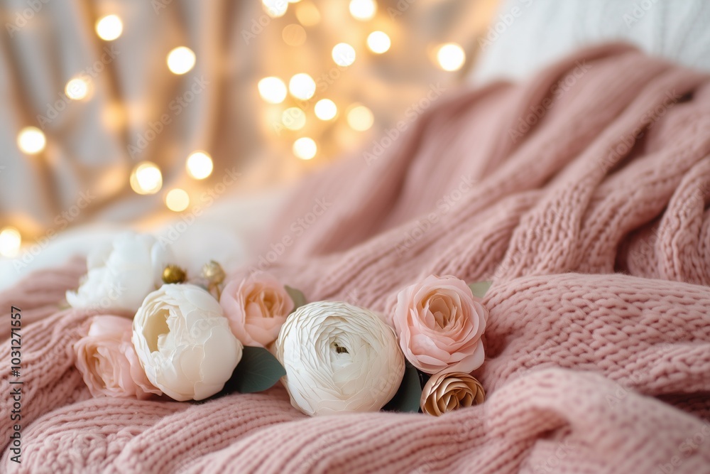 A cozy pink blanket adorned with delicate flowers and decorative elements, set against a soft, blurred backdrop of warm lights. A cozy pink blanket adorned with delicate flowers and decorative elements, set against a soft, blurred backdrop of warm lights.