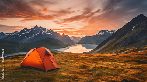 Camping Tent with Mountain Sunset Reflection